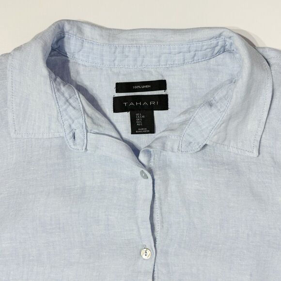 Tahari 100% Linen Button Down Shirt Blouse Light Blue Roll Tab Sleeve Women’s L - Picture 6 of 7